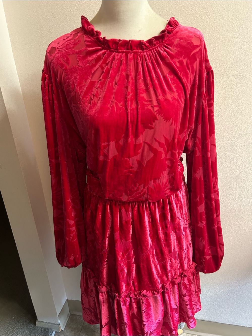 Eloquii pink Velvet Ruffled Dress knee length burn out design